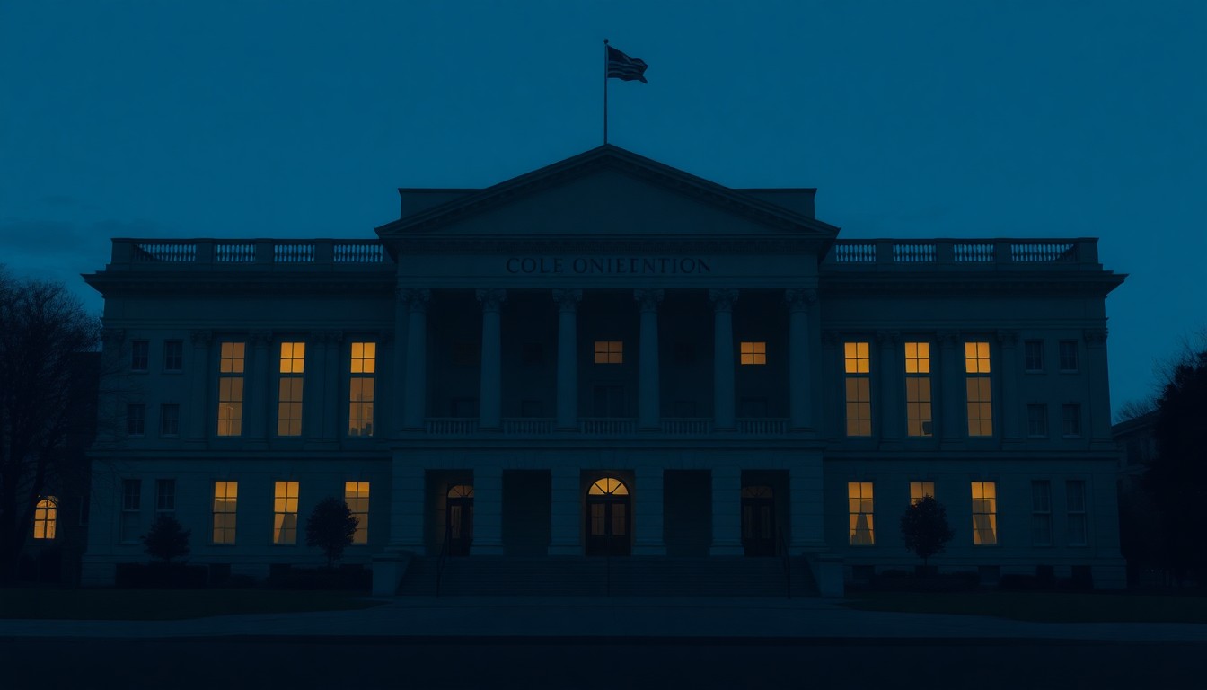 A dimly lit government building at dusk, with long shadows across the facade, evoking a sense of quiet contemplation and political tension.