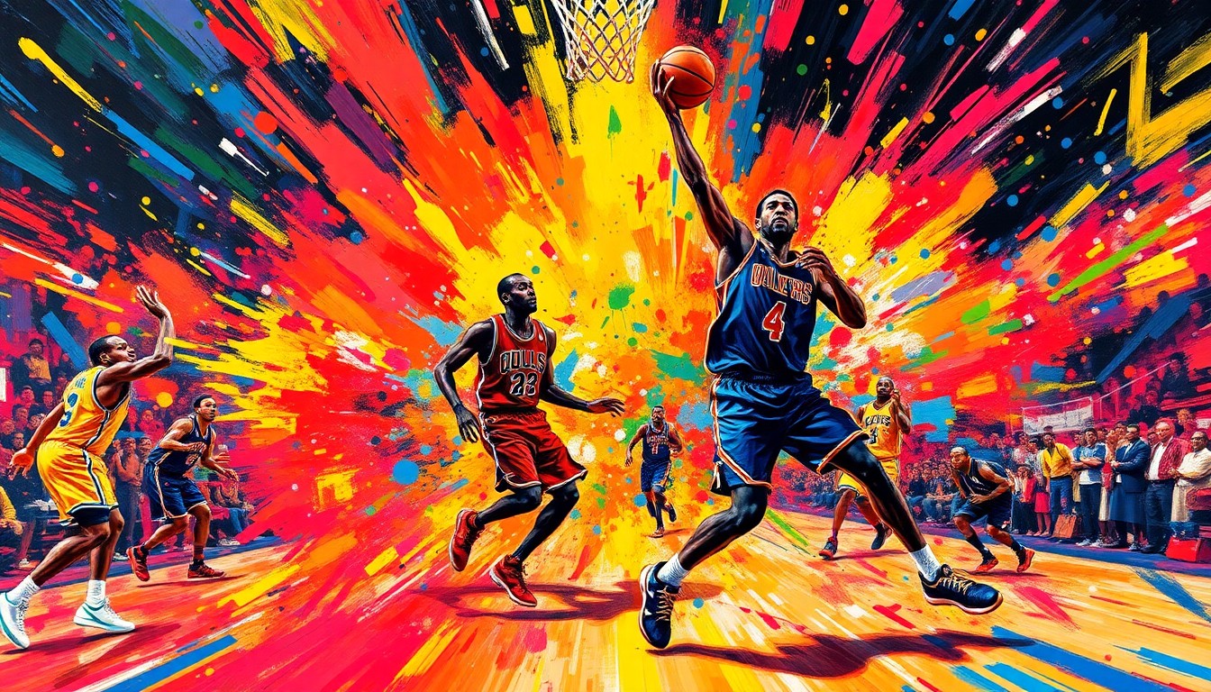 An abstract, energetic painting in neon colors depicting the intense action and emotion of an NBA playoff basketball game, with players' forms blending into vibrant brushstrokes.
