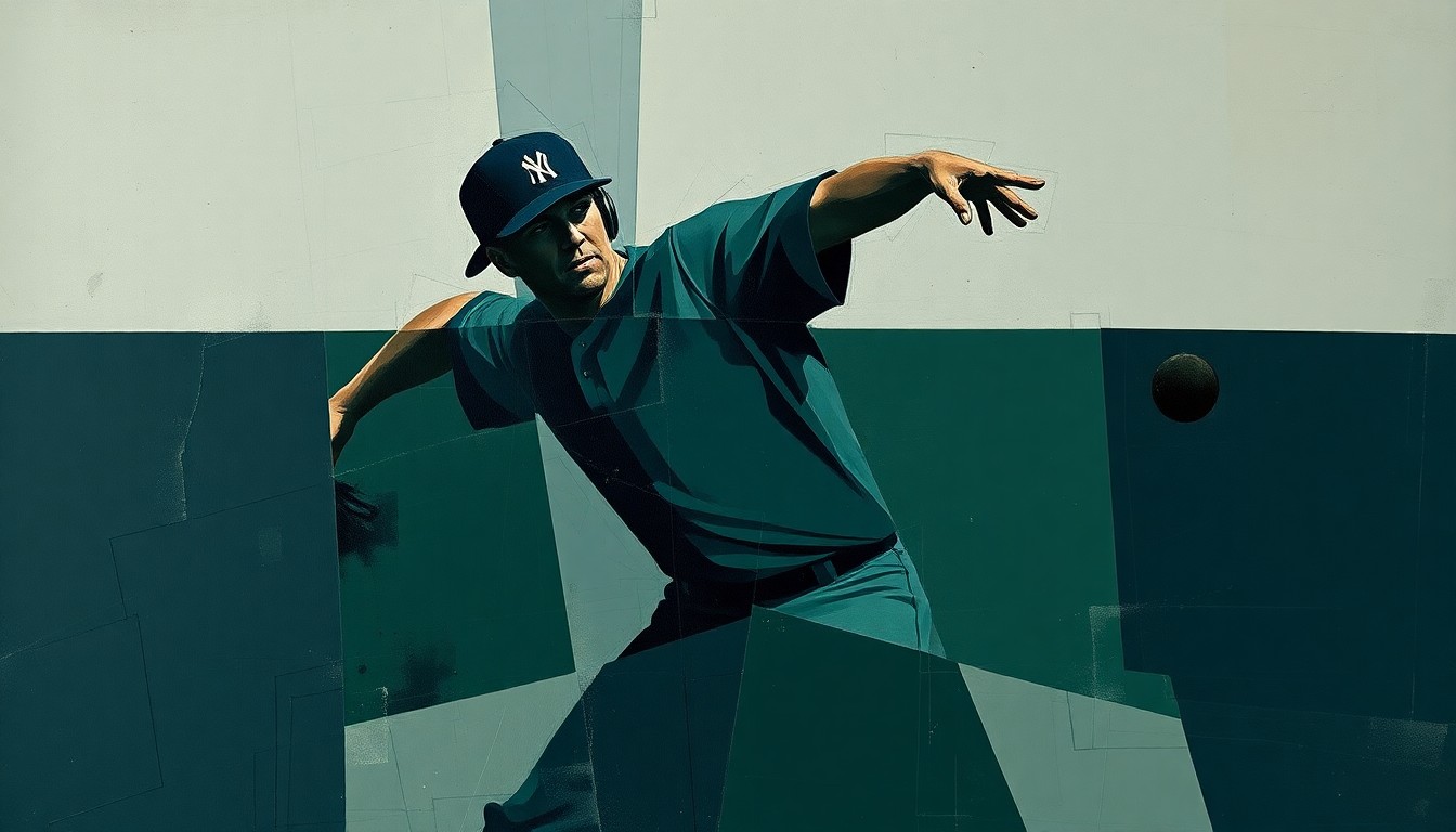 A cubist, geometric deconstruction of a baseball pitcher's motion, with sharp, overlapping planes in muted colors, capturing the tension and uncertainty surrounding the Dodgers' closer situation.