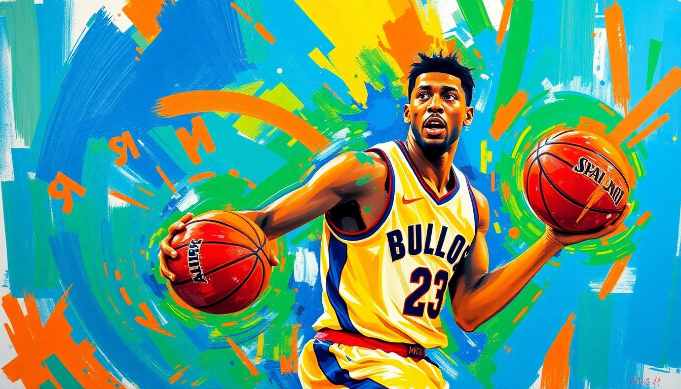An abstract, expressionist painting featuring bold, neon-colored brushstrokes and gestural, dissolving forms that capture the raw energy and athleticism of an NBA superstar player, conceptually representing the excitement and speculation around Giannis Antetokounmpo's potential move to the Miami Heat.