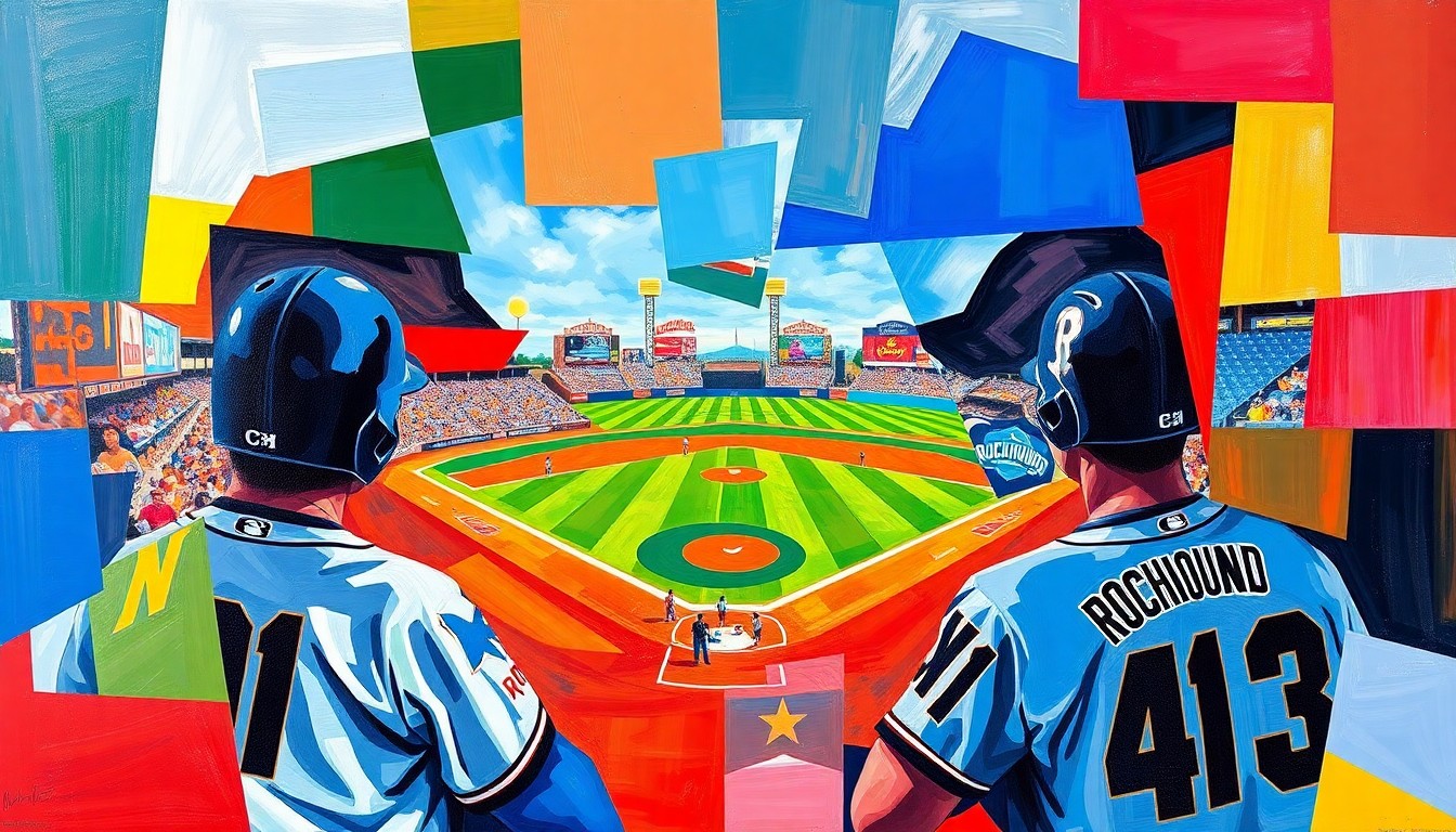 A fragmented, geometric painting depicting a baseball game, with the players and field broken down into overlapping planes of bright colors representing the uniforms of the Midland RockHounds and San Antonio Missions.
