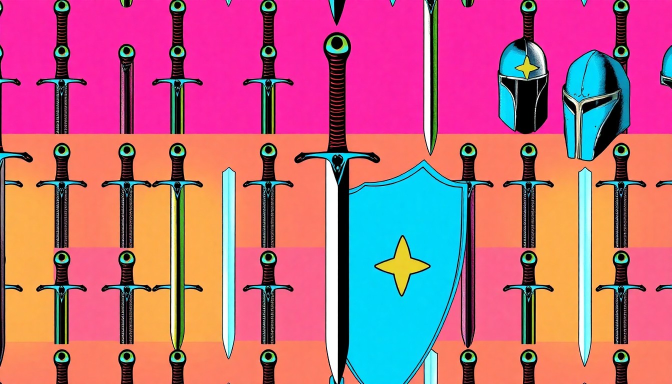 A highly stylized, silkscreen-inspired illustration featuring a repeating grid pattern of medieval fantasy weapons and armor in bright, neon colors, conceptually representing the imaginative world of live-action role-playing.