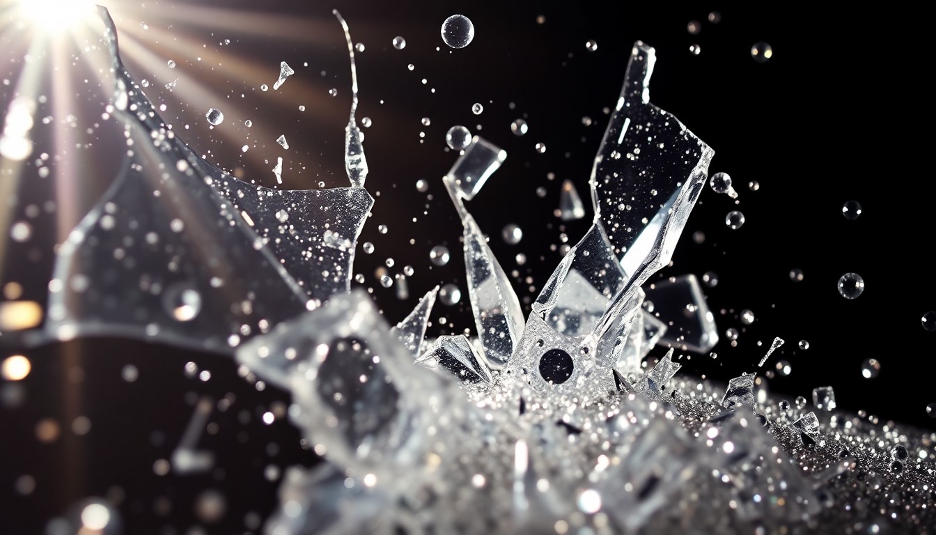 An extreme close-up of shattered glass and glittering sequins, conveying the dramatic, high-stakes nature of the reality competition series.