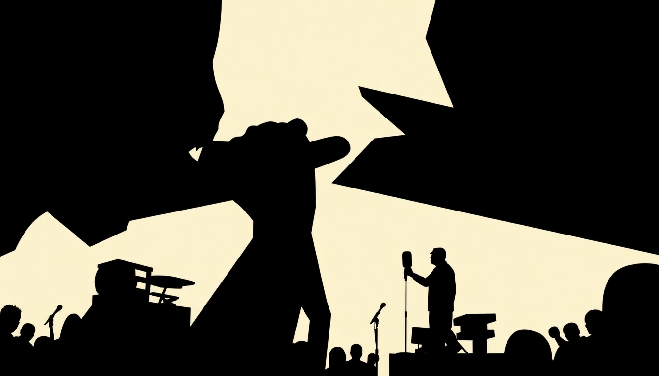 An abstract, minimalist illustration featuring jagged, angular black silhouettes against a stark, high-contrast background, conceptually representing the clash between artistic expression and political activism at music festivals.