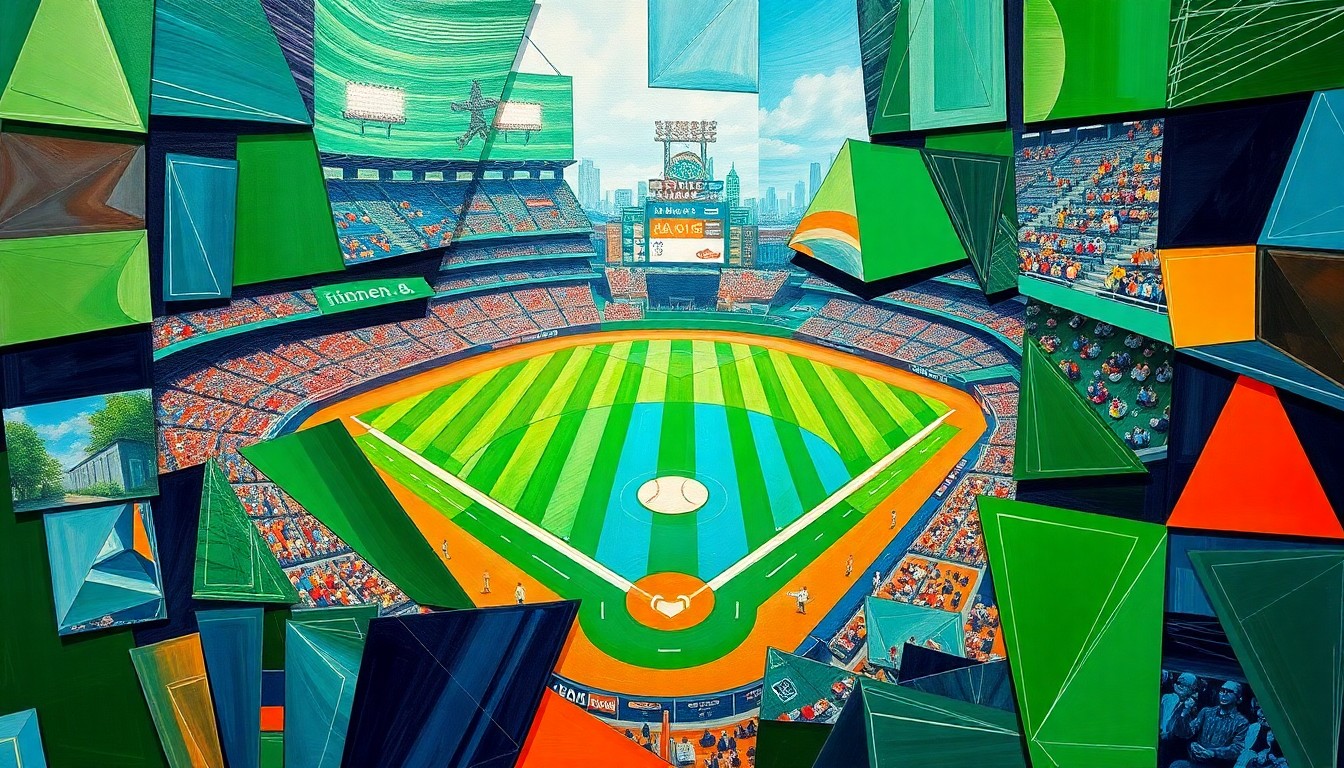 A fragmented, geometric painting in bold colors depicting the action and energy of a baseball game, with players and the field deconstructed into sharp, overlapping shapes and planes.