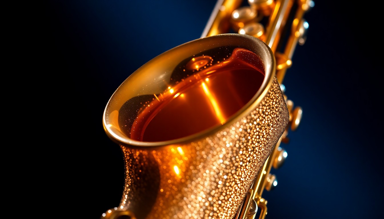 An extreme close-up photograph of a saxophone bell, its shiny brass surface reflecting dramatic studio lighting and capturing the luxurious, high-fashion glamour of a professional musical performance.