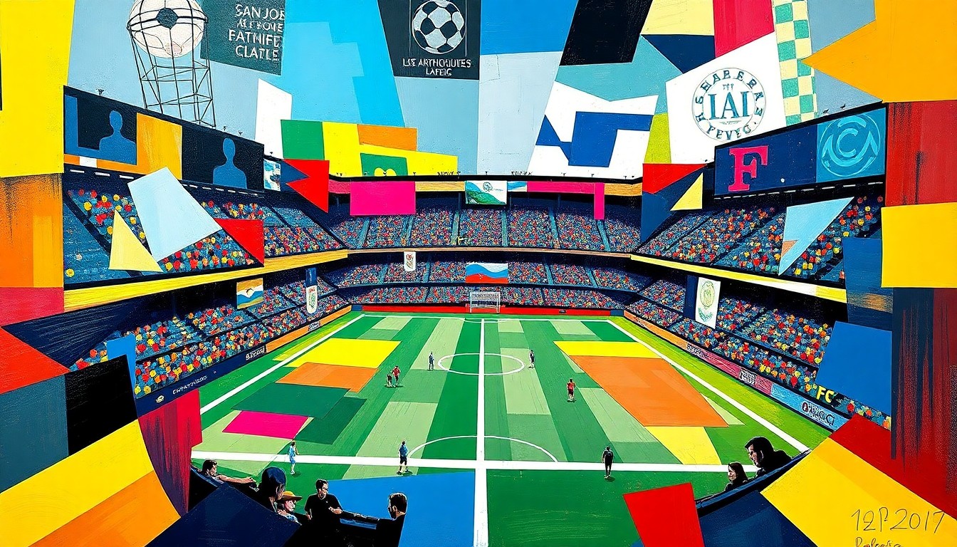 A cubist, geometric painting depicting a soccer match between two teams, with the players and field fragmented into sharp, overlapping planes of color representing the Earthquakes' and LAFC's official team palettes.