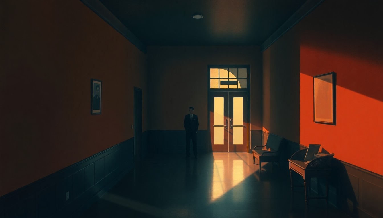 A dimly lit hotel lobby scene with a solitary worker standing in the foreground, the space bathed in warm, diagonal sunlight and deep shadows, conceptually representing the economic challenges facing tipped workers.