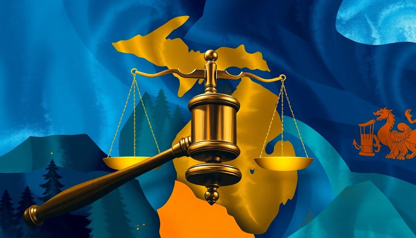 A vibrant, abstract painting featuring overlapping, geometric shapes and brushstrokes in shades of blue, green, and orange, conceptually representing the dynamic and high-stakes nature of the Michigan Attorney General election.