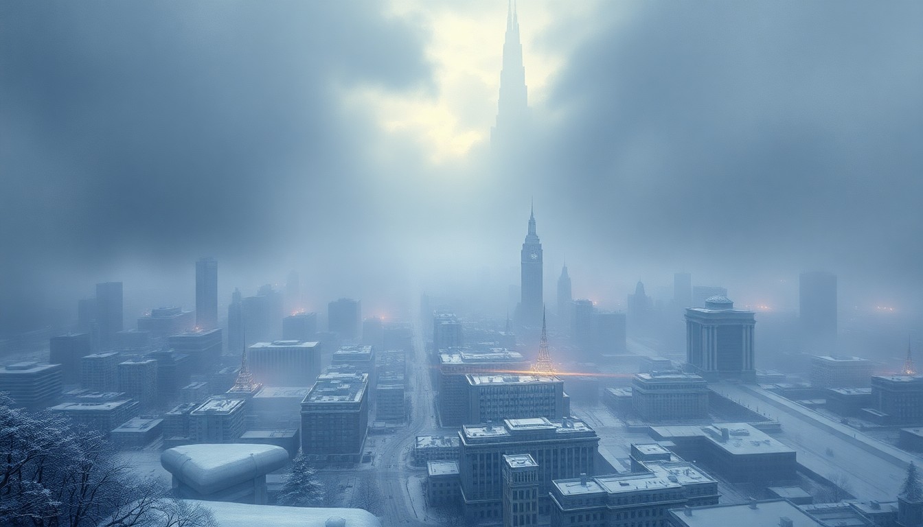 A sweeping, atmospheric landscape painting in muted tones of gray, white, and blue, depicting a snow-covered cityscape partially obscured by heavy fog, conveying the overwhelming scale and power of the natural forces that impacted the region.