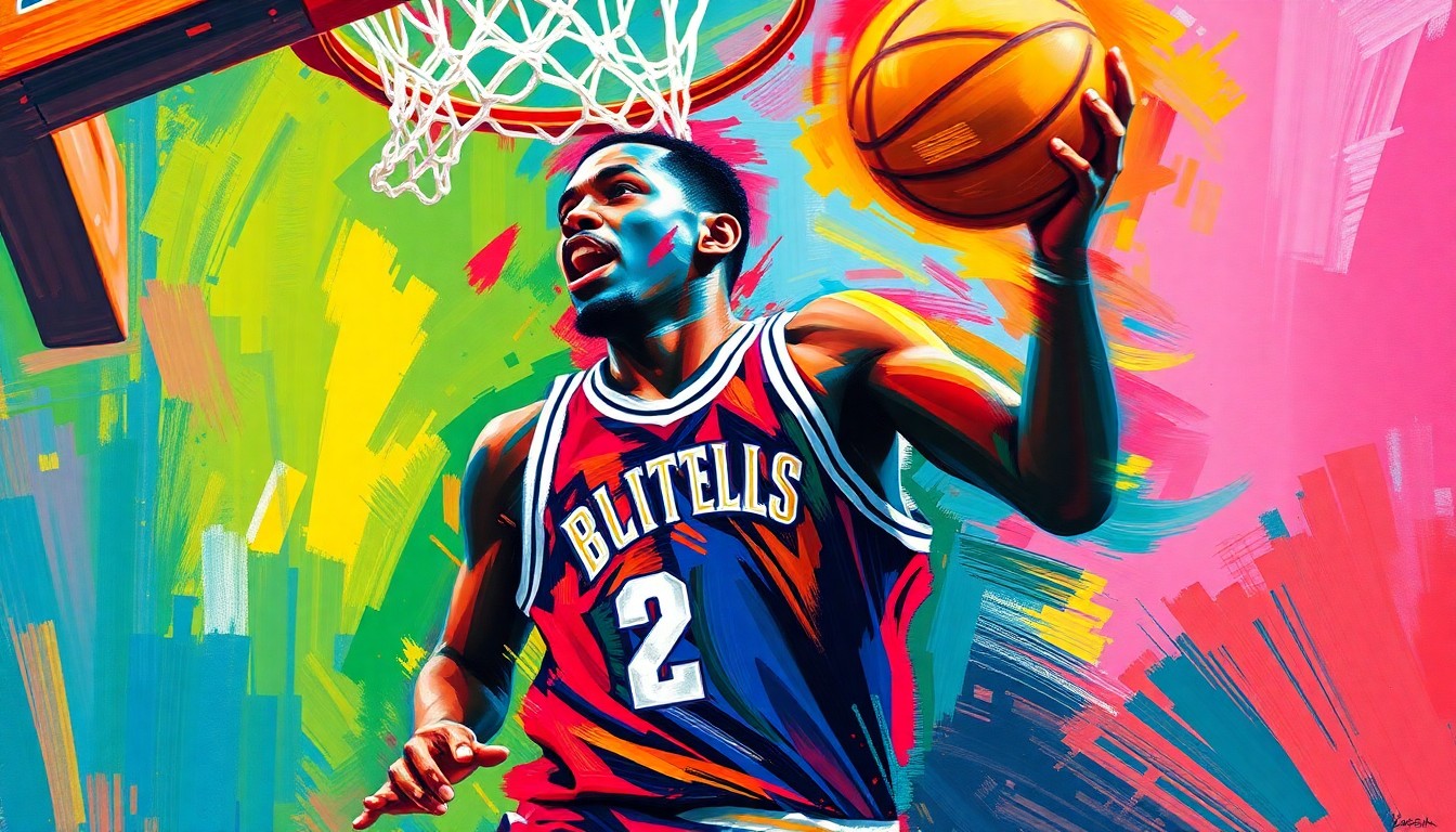 An abstract, expressionist painting in vibrant neon colors, featuring rapid brushstrokes that capture the raw energy and movement of a basketball player driving to the hoop, their face and jersey blurred into unrecognizable strokes of color.