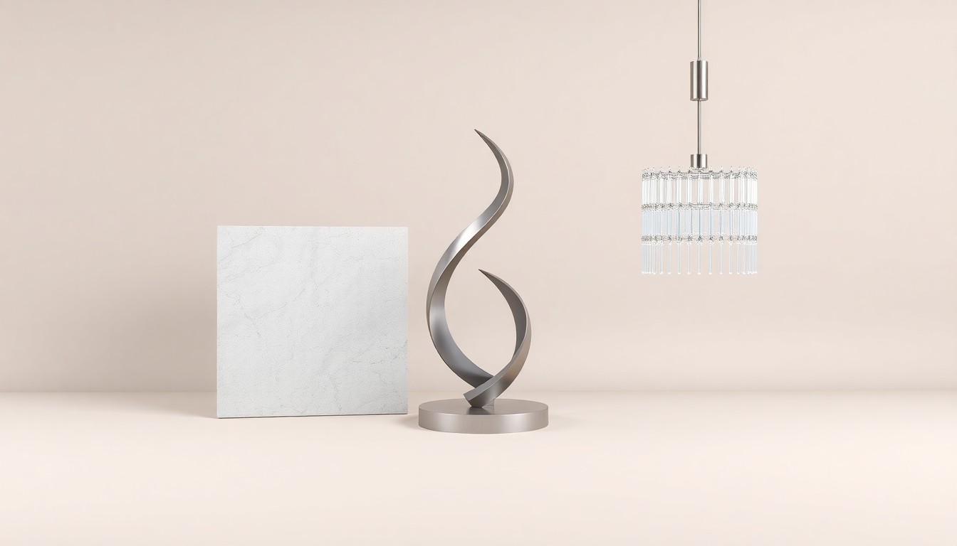 A minimalist studio still life photograph featuring a polished limestone block, a stainless steel sculpture, and a glass chandelier element, symbolizing the materials and design of the Shea's Performing Arts Center expansion project.