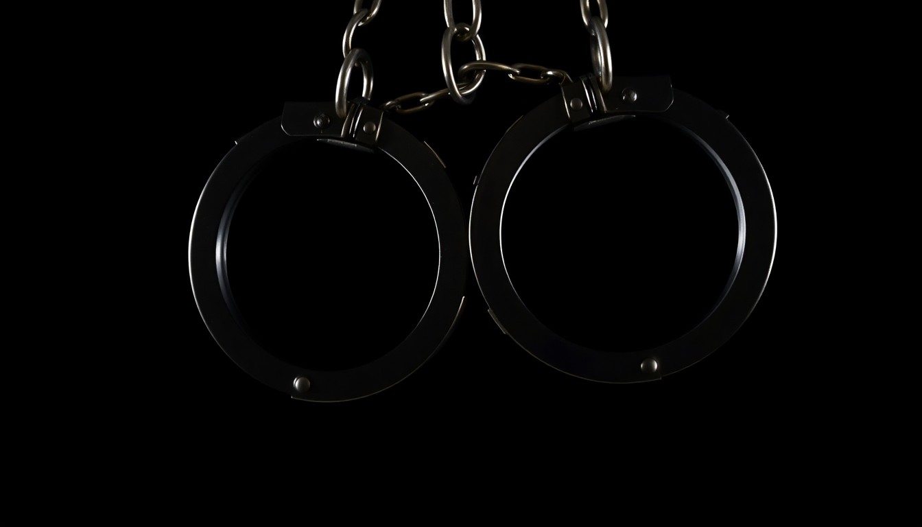 An extreme close-up of a set of handcuffs against a stark black background, conceptually representing the arrest of a teacher on misconduct charges.