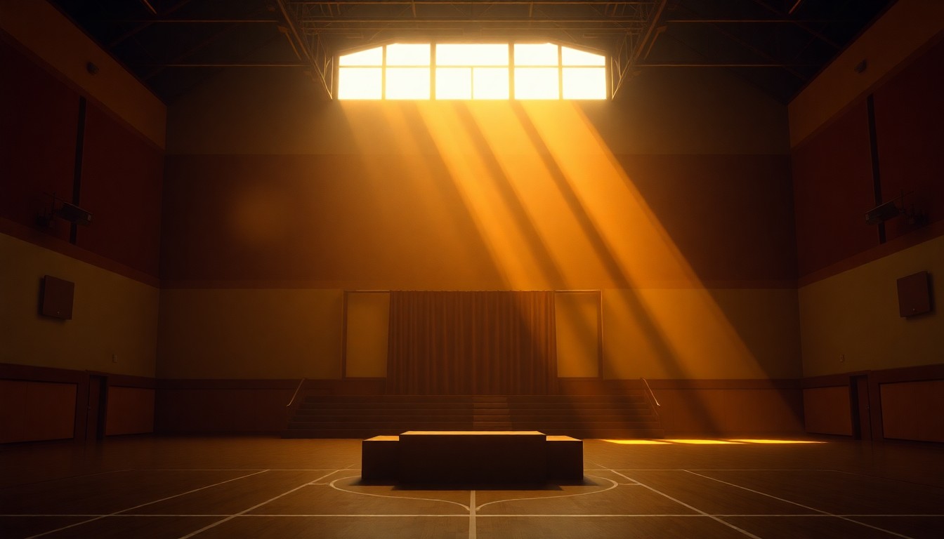 A dimly lit, cinematic painting of a solitary podium in a gymnasium, with warm sunlight casting dramatic shadows, conceptually representing a political event focused on community outreach.