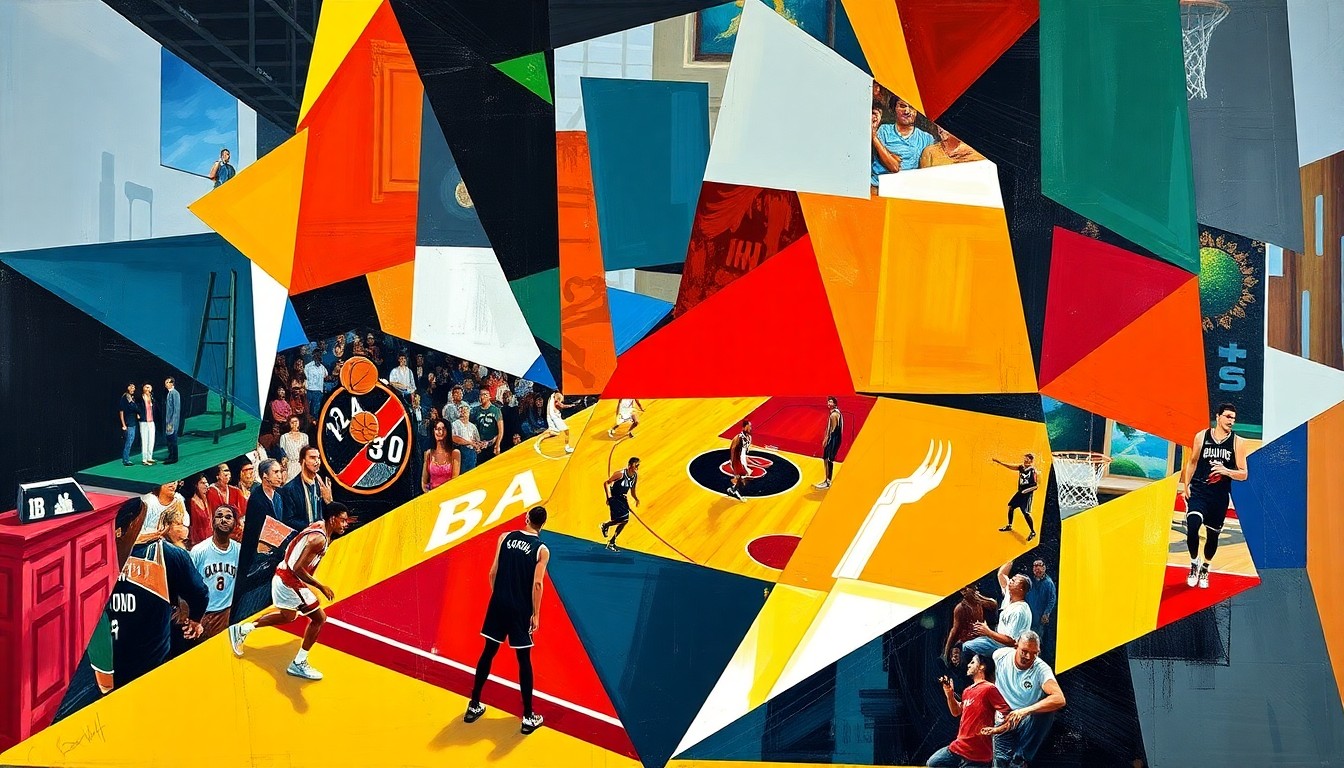 A cubist, geometric painting depicting a fragmented basketball court scene, with sharp planes of bright red, blue, and green colors representing the competing teams, conveying the fractured and unbalanced nature of the Blazers' playoff experience.