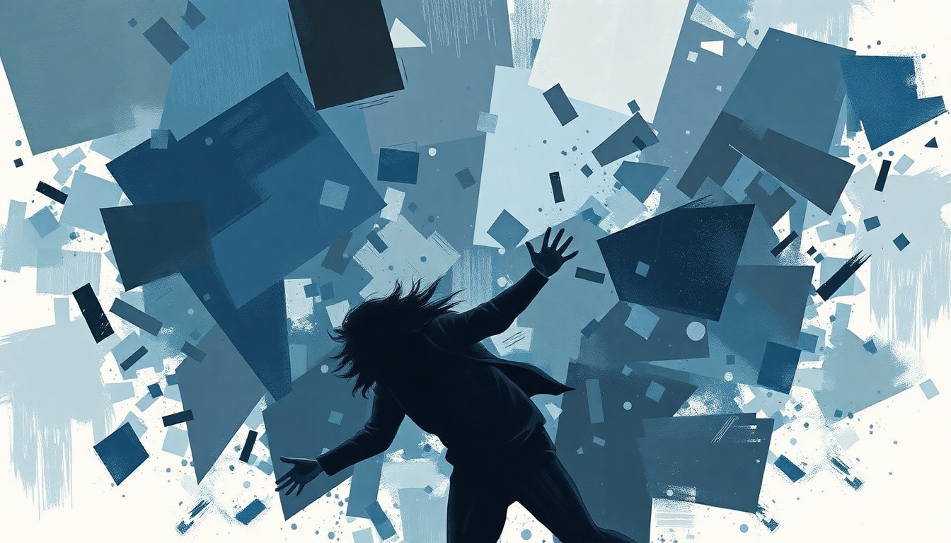 A dynamic, abstract painting in shades of blue, gray, and black with overlapping, fractured geometric shapes and lines, conveying the chaotic energy of a political protest.