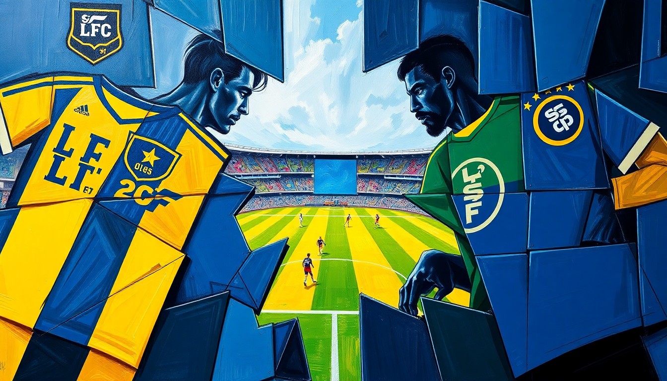 A cubist, geometric painting depicting a soccer match between LAFC and San Jose Earthquakes, with sharp, overlapping planes of navy blue, gold, and green representing the team uniforms and the chaotic action on the field.