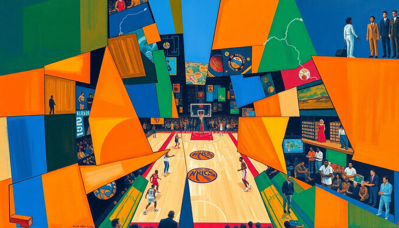 A cubist, geometric painting depicting the action of a basketball game, with overlapping shapes and planes of color representing the players, ball, and court.
