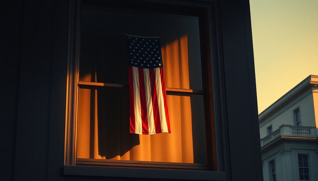 A serene, nostalgic painting of an American flag hanging in the window of an old government building, the warm sunlight and deep shadows creating a contemplative mood.
