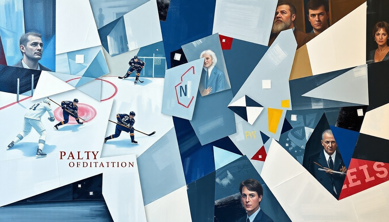 A cubist, geometric painting depicting a fractured hockey game, with overlapping planes of muted blues, grays, and whites punctuated by flashes of red and yellow, capturing the intensity of the playoff matchup.