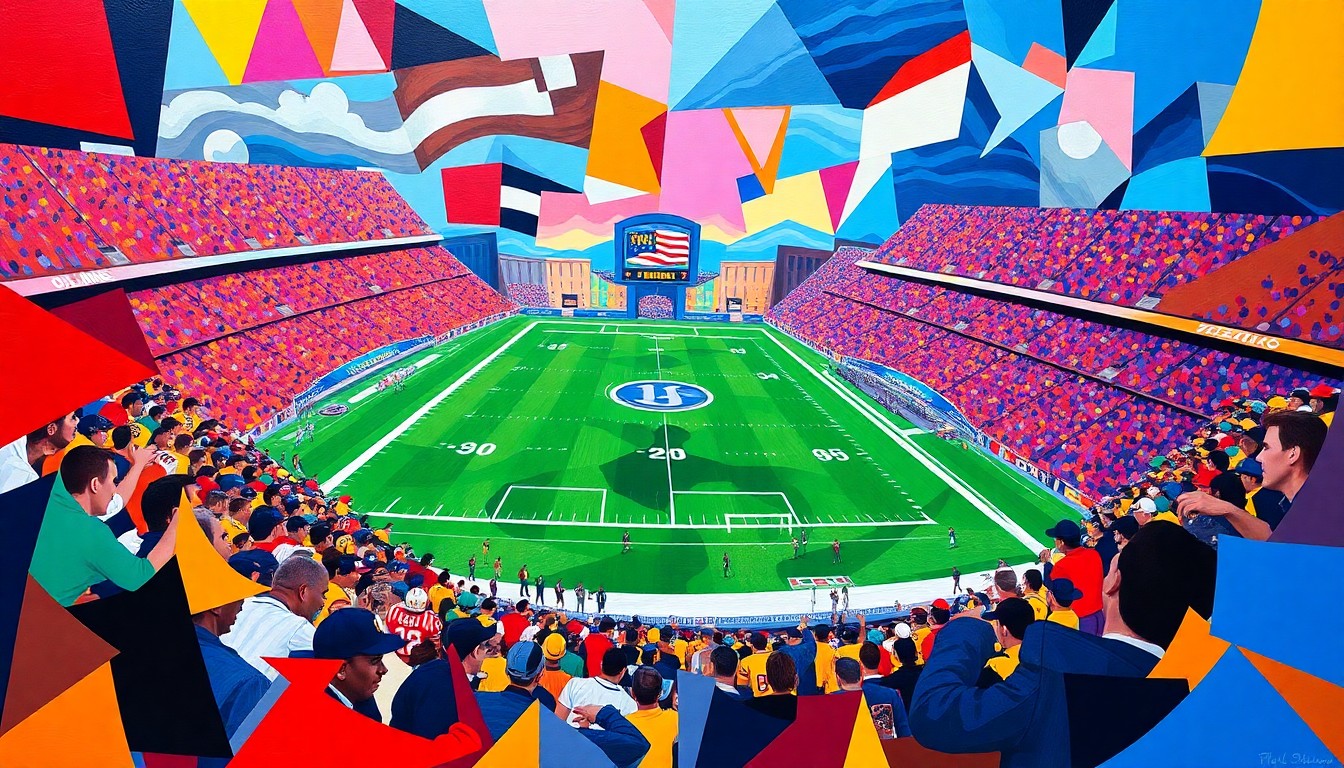 A cubist, geometric painting depicting a UFL football game between the Orlando Storm and Birmingham Stallions, with the players, field, and stadium broken down into sharp, overlapping planes of color representing the teams' official palettes.
