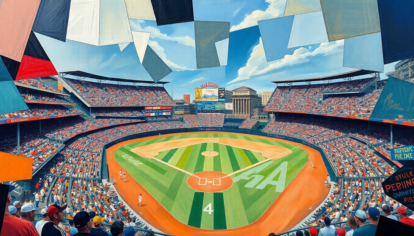 A cubist, geometric painting depicting a baseball game broken down into overlapping planes of color and shape, conveying the fragmented nature of the Phillies' recent home performances.