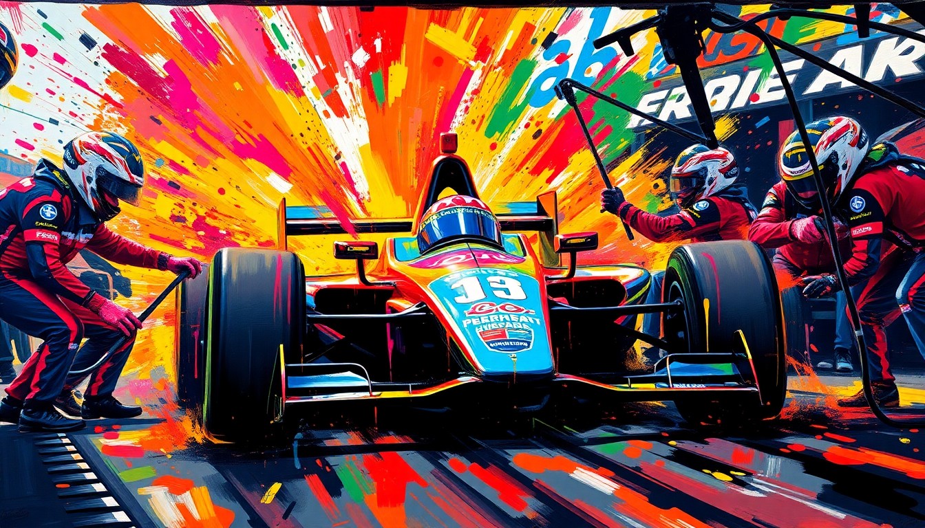 An abstract, expressionist painting in vibrant neon colors depicting the chaotic energy and motion of an IndyCar pit stop, with the car and crew members blending into a dynamic, painterly composition.