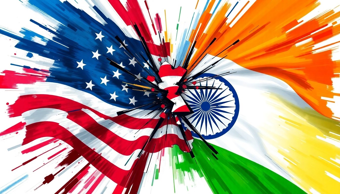 A vibrant, abstract painting featuring overlapping, fragmented shapes and lines in the colors of the Indian and American flags, conveying the dynamic and complex nature of the trade negotiations between the two nations.