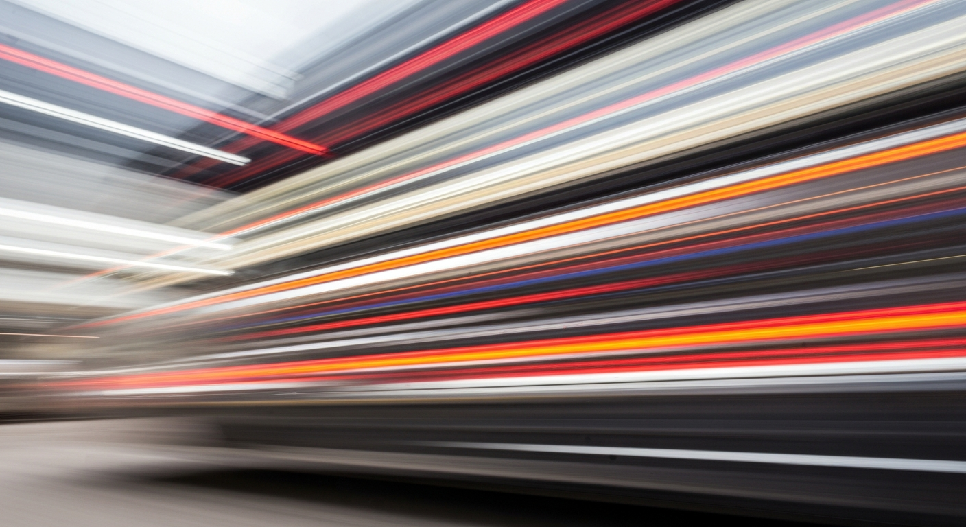 Heavily blurred, sweeping brushstrokes of vibrant colors representing the motion and speed of a vehicle in motion.