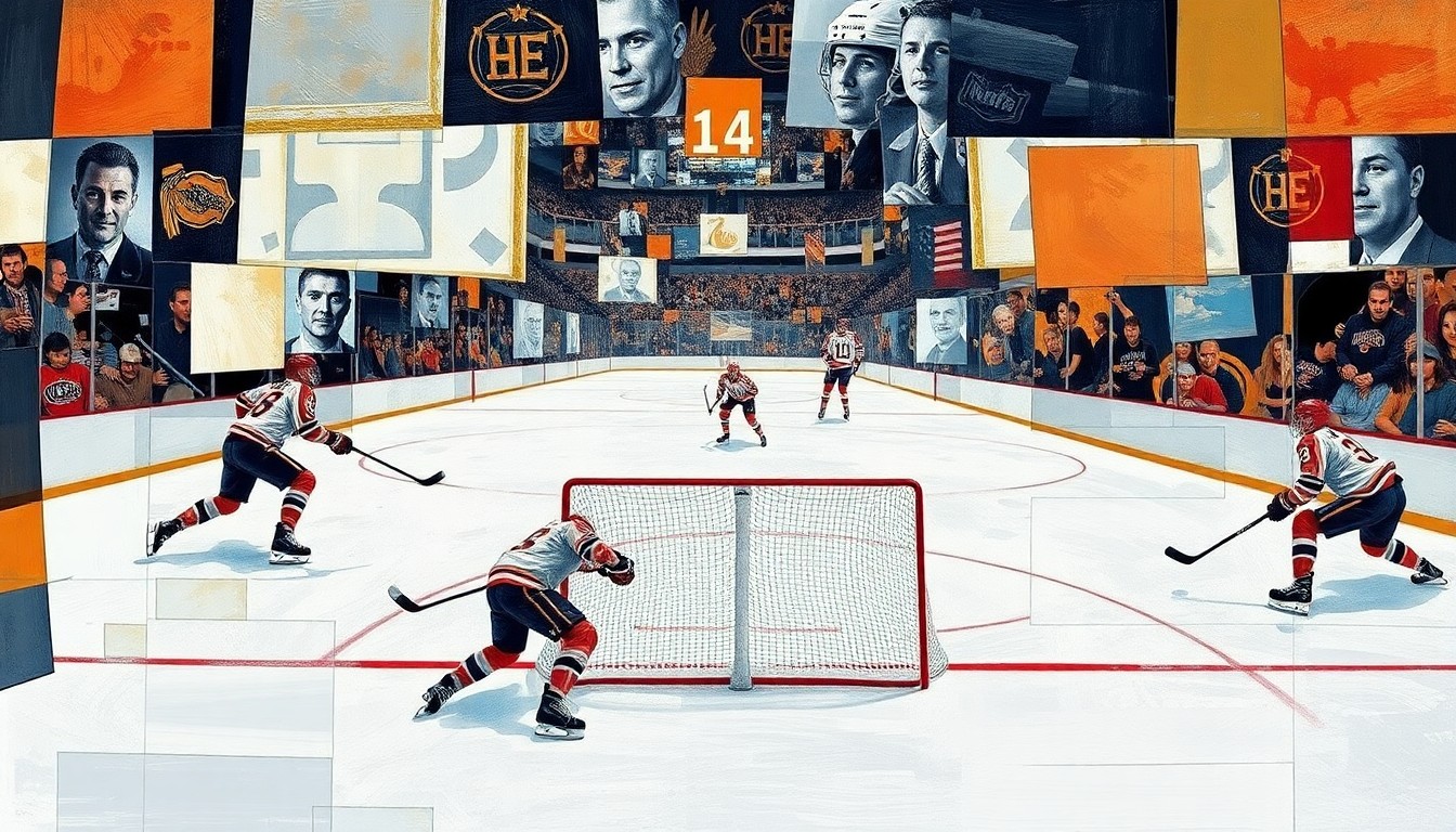A fractured, cubist-style painting depicting the chaotic final moments of the overtime period, with Juraj Slafkovsky's game-winning shot breaking through a geometric field of players and hockey equipment.
