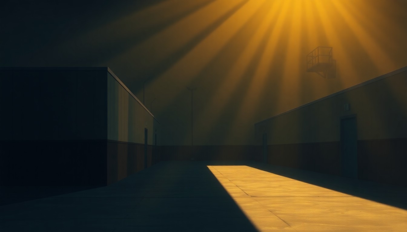 A serene, cinematic painting depicting the exterior of an immigration detention facility, with the building bathed in warm, golden light and surrounded by deep shadows, conveying a sense of isolation and the weight of the facility's presence on the local community.