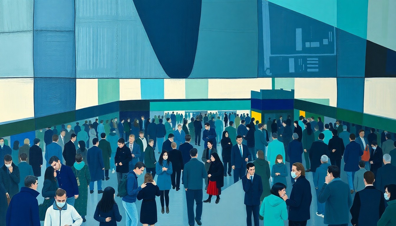 A cubist, geometric painting depicting a crowded ferry terminal, with overlapping planes of navy, green, and grey representing the complex transportation challenges facing the city.