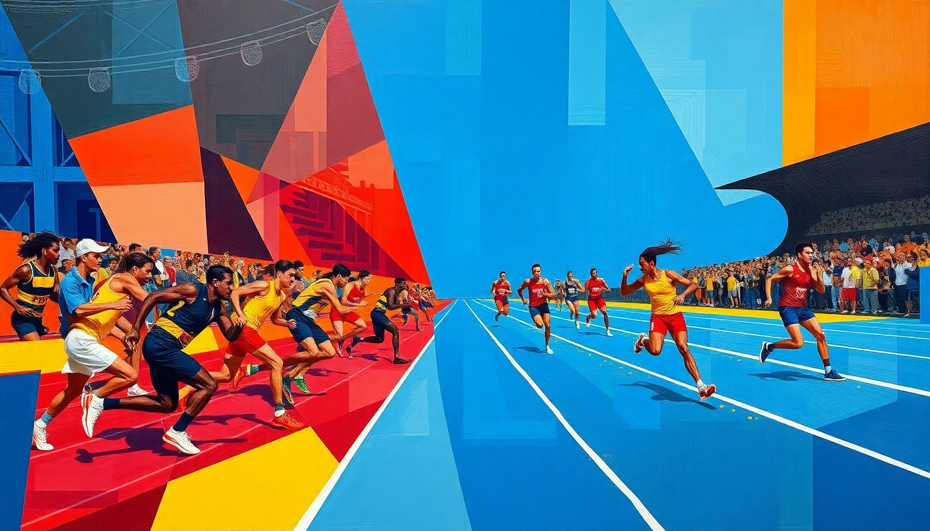 A fragmented, geometric painting in bold colors depicting the motion and energy of a track and field event, with overlapping planes and perspectives.