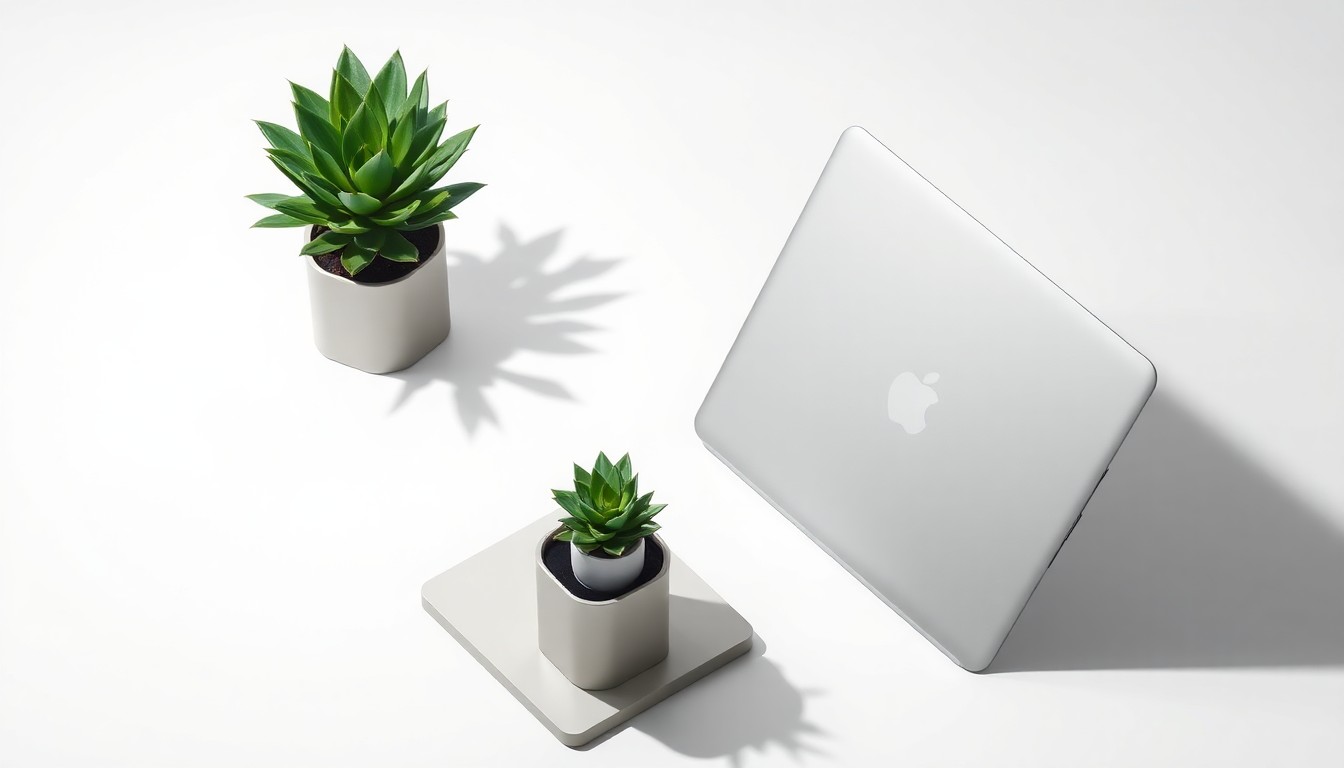 A photorealistic studio still life featuring a sleek laptop, desk organizer, and succulent plant arranged elegantly on a clean white background, symbolizing the refined, technology-driven world of startup advice and strategy.