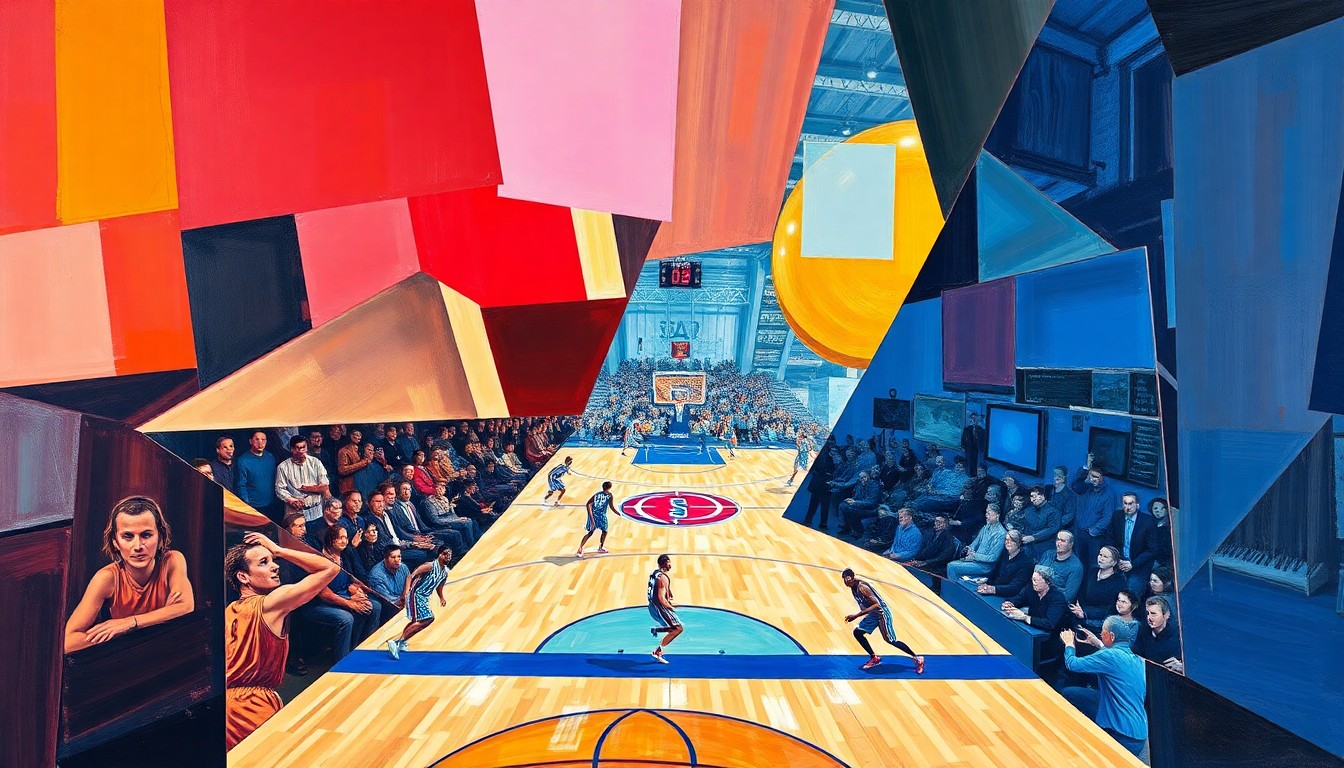 A fragmented, geometric painting depicting a basketball game in motion, with overlapping shapes and planes representing the players, court, and crowd in an abstract, deconstructed style.