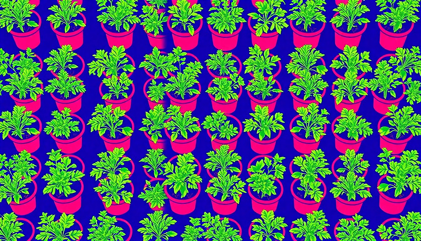 A bold, graphic illustration composed of a repeating pattern of a potted herb plant in a variety of bright, neon colors, capturing the lively energy and diverse offerings of the annual Pennsylvania Herb and Garden Festival.