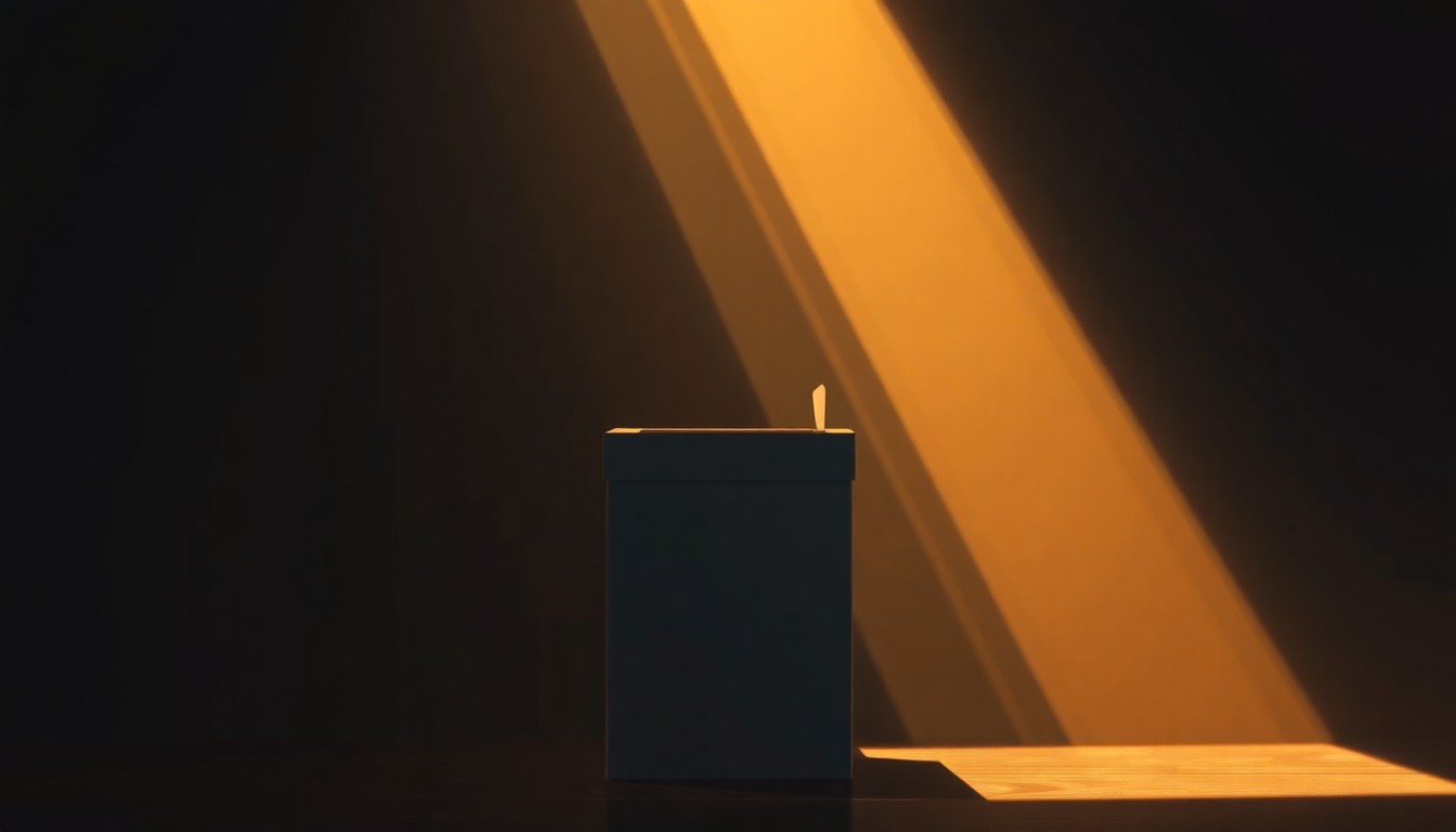 A photorealistic painting of a lone ballot box sitting on a city street, with warm sunlight casting dramatic shadows across its surface, conveying a sense of civic responsibility and the gravity of electoral processes.