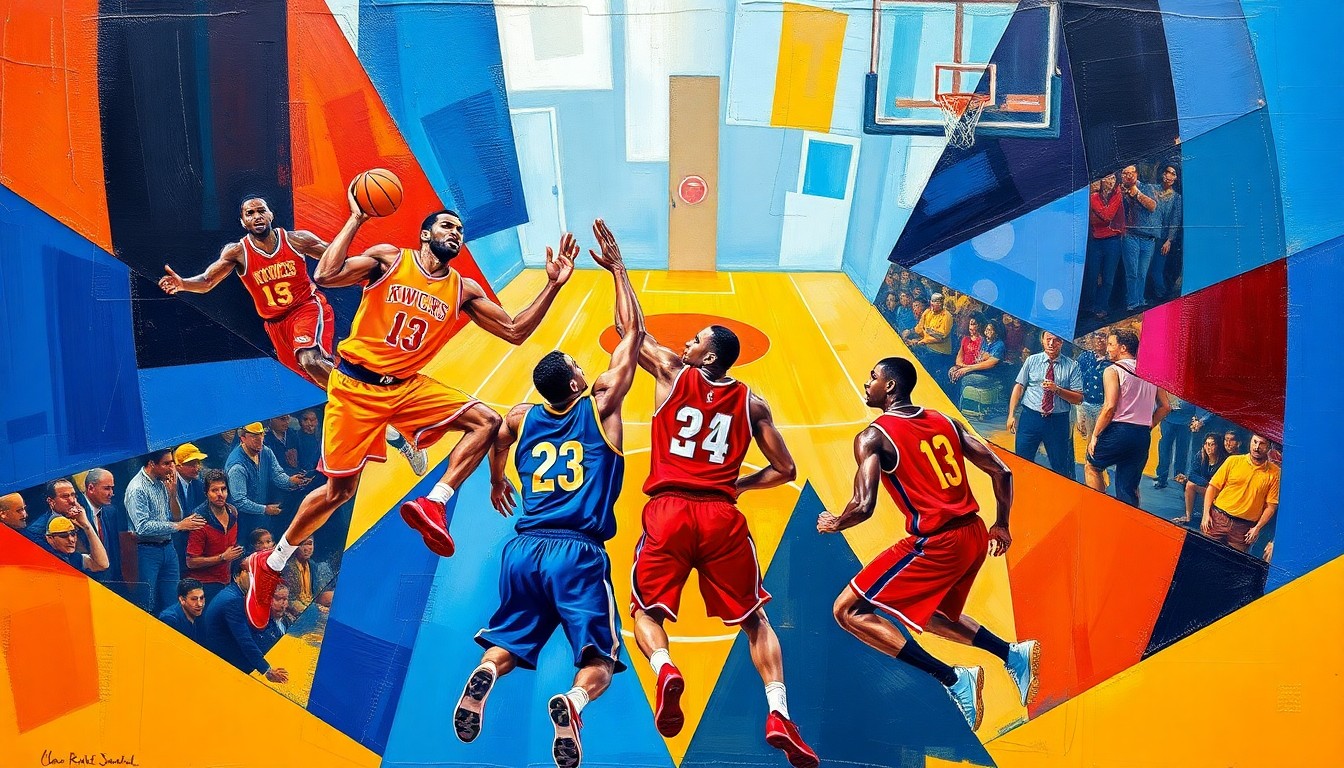 A fragmented, cubist-style painting depicting the action of a basketball game, with the players and court broken down into sharp, overlapping geometric shapes and planes in the colors of the Knicks and Hawks uniforms.