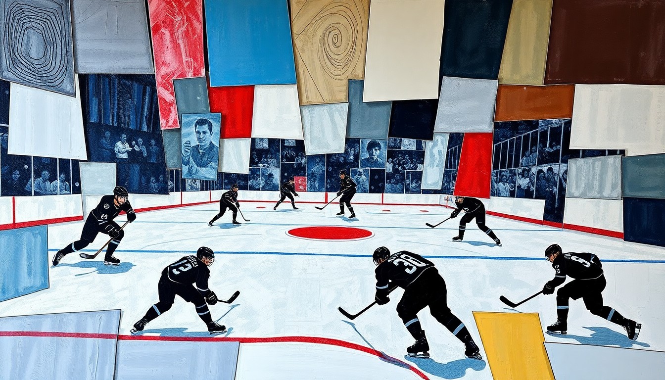 A cubist, geometric painting depicting the action of an ECHL hockey game, with fragmented shapes and planes representing the players, puck, and ice surface.