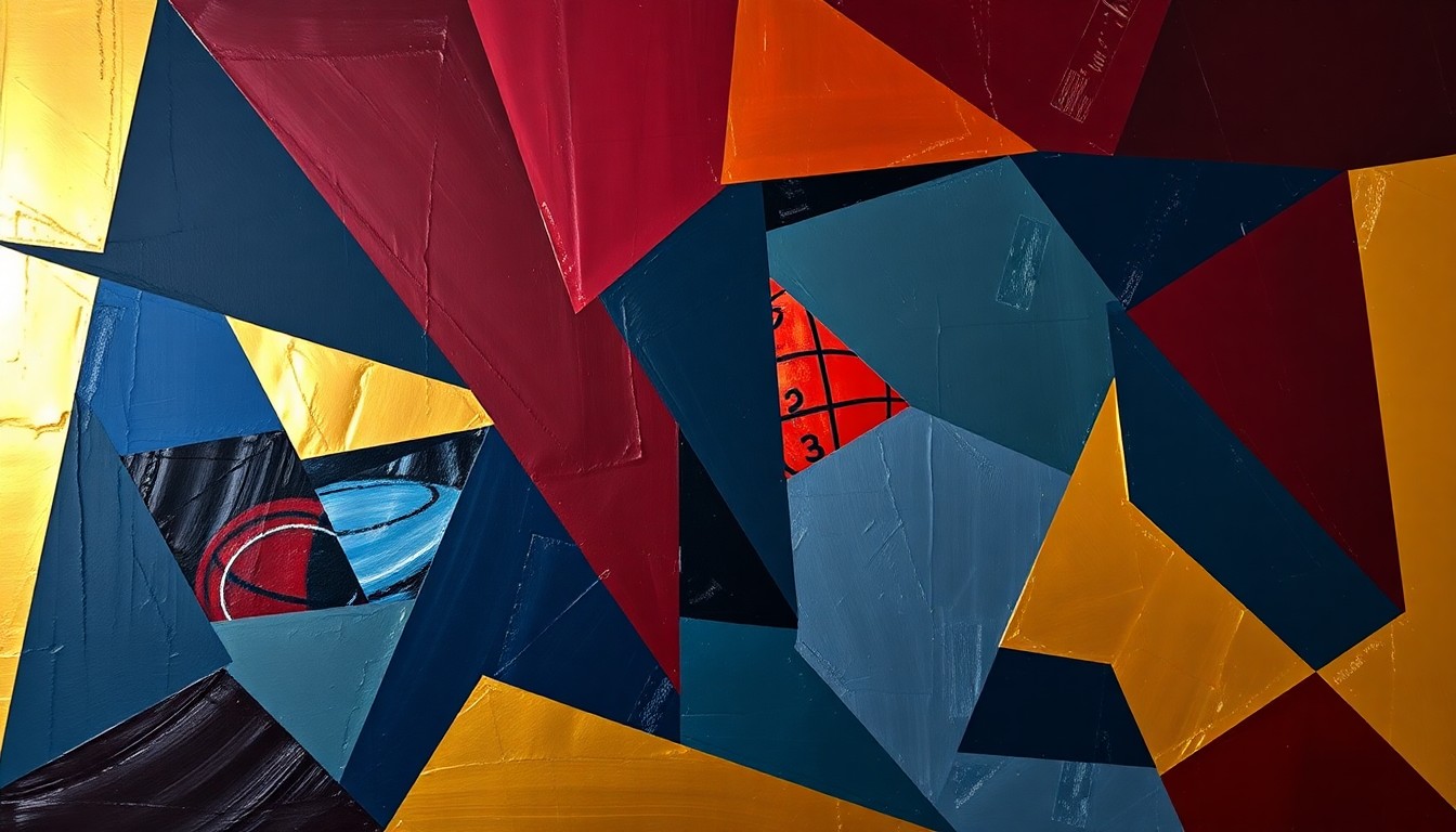 A fragmented, cubist-style painting depicting the dynamic action of a basketball game, with players and the court rendered in bold, overlapping geometric shapes in a rich color palette.