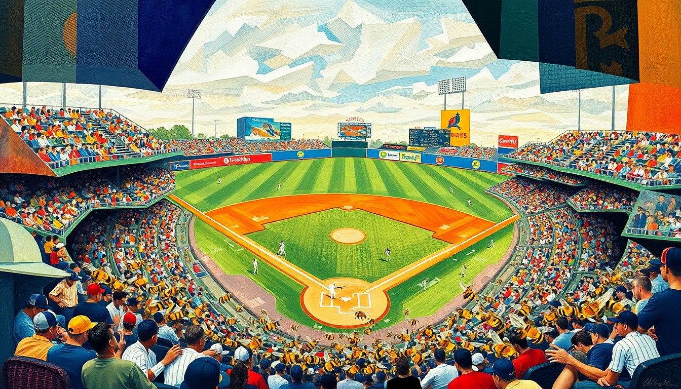 A fragmented, geometric painting depicting a baseball game with players, dugouts, and a swarm of bees, all rendered in a cubist style that captures the disruption and unpredictability of the event.