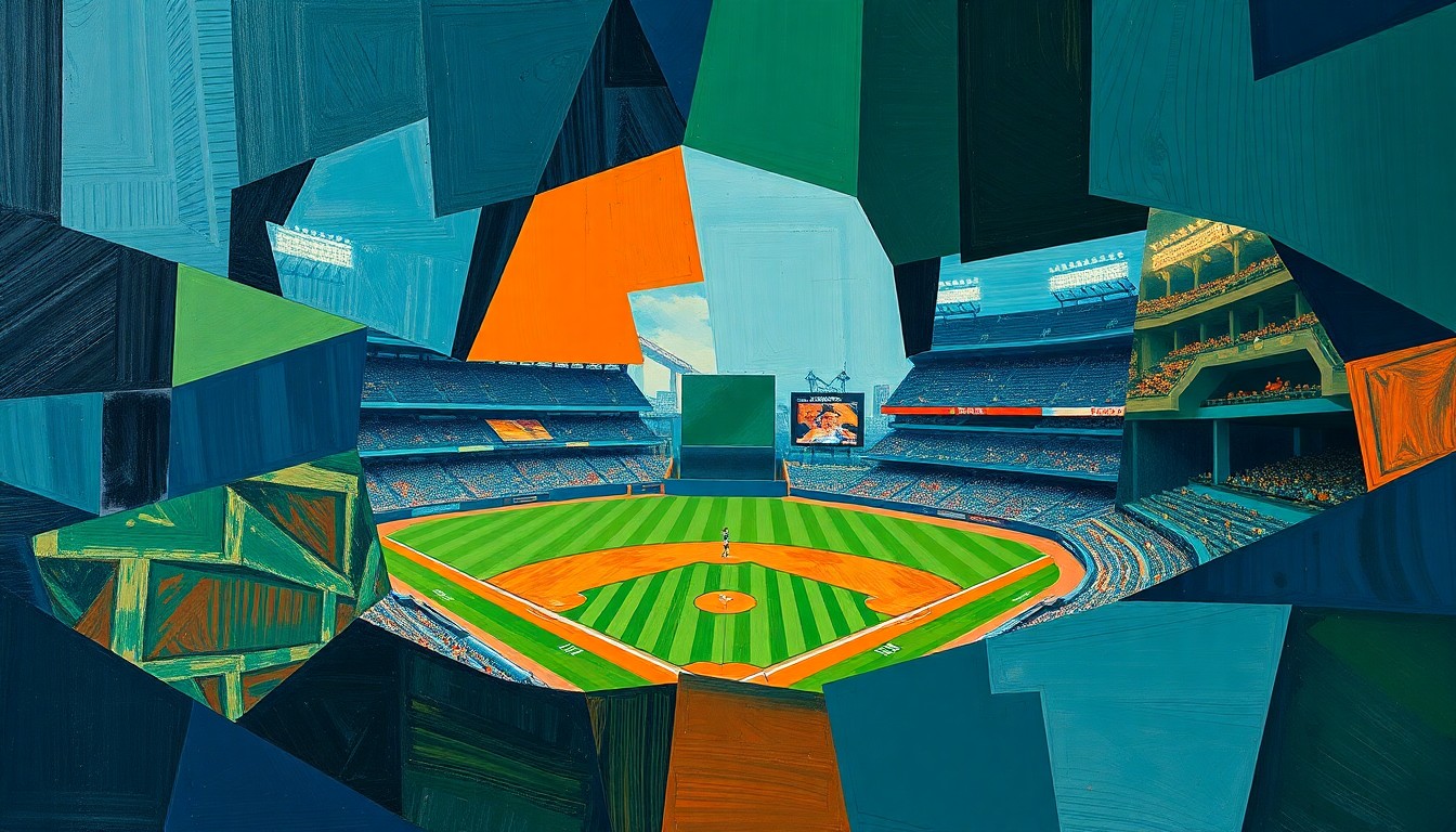 A cubist, geometric painting depicting a fractured, multi-perspective view of a baseball game, with sharp, overlapping planes in navy, green, and orange hues, conceptually representing the cautious approach to player rehabilitation.
