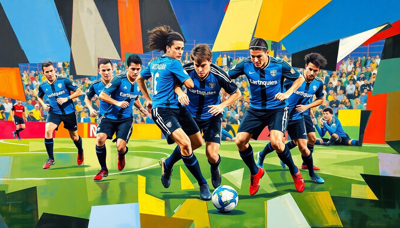 A cubist, geometric painting depicting the dynamic action of a San Jose Earthquakes soccer match, with the players and ball broken down into overlapping, angular shapes in vibrant blue, black, and white colors.