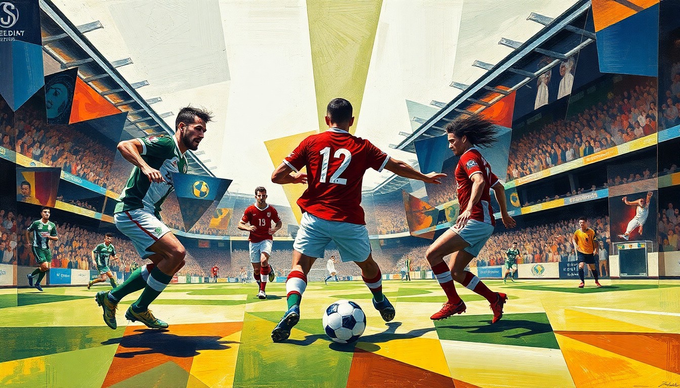 A cubist, geometric painting depicting the dynamic movements and energy of a professional soccer match, with no identifiable players or teams.