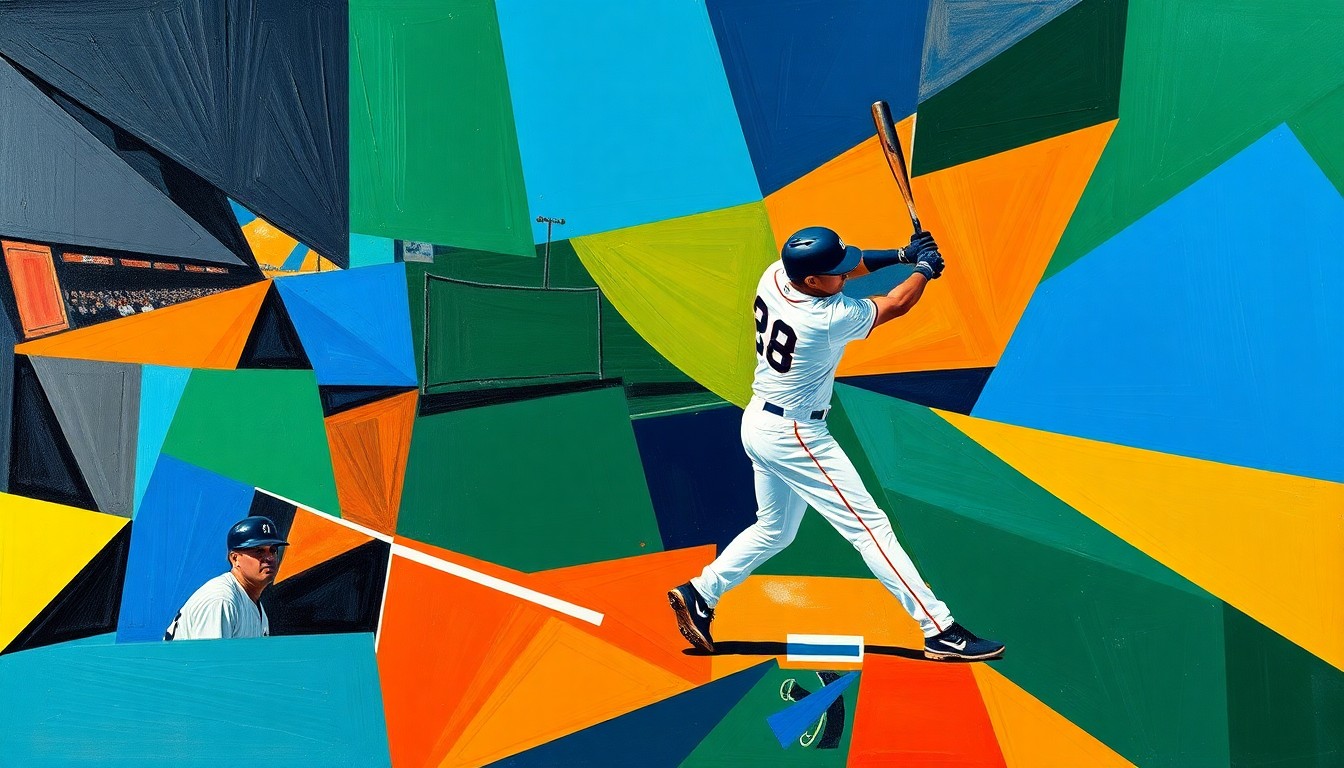 A cubist, geometric painting depicting a baseball player in motion, with sharp, overlapping planes of color representing the dynamic energy of the sport.