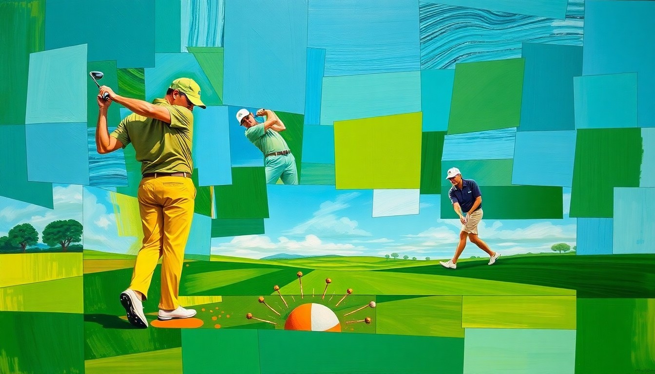 A cubist, geometric painting depicting the fluid motion of a golf swing, the trajectory of a golf ball, and the dynamic poses of players, all fractured into sharp, overlapping planes of color.