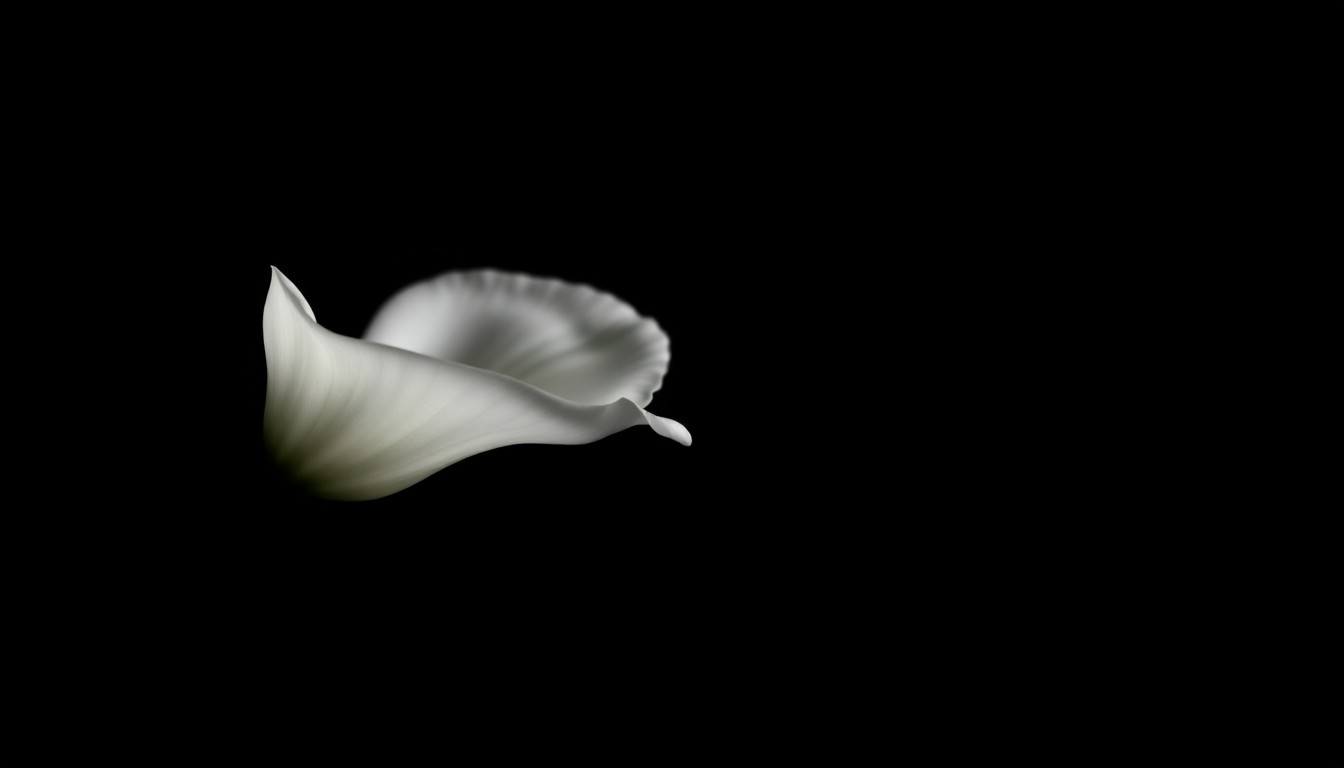 An extreme close-up photograph of a single white flower petal, lit by a harsh, direct camera flash against a pitch-black background. The petal's delicate texture and dramatic shadows create a stark, gritty, investigative aesthetic that conceptually represents the fragility of life and the somber mood of the story.