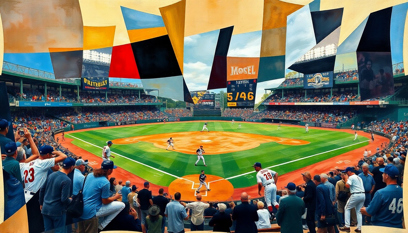A fragmented, geometric painting depicting the dynamic action of a baseball game, with players and the field reduced to abstract shapes and planes of vibrant colors.
