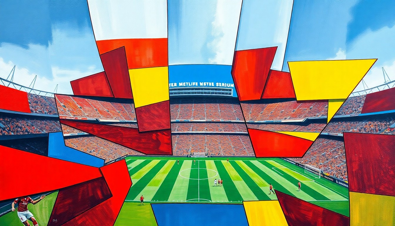 A fragmented, geometric painting depicting a soccer match at MetLife Stadium, with the players and field broken down into abstract shapes and planes of vibrant primary colors.