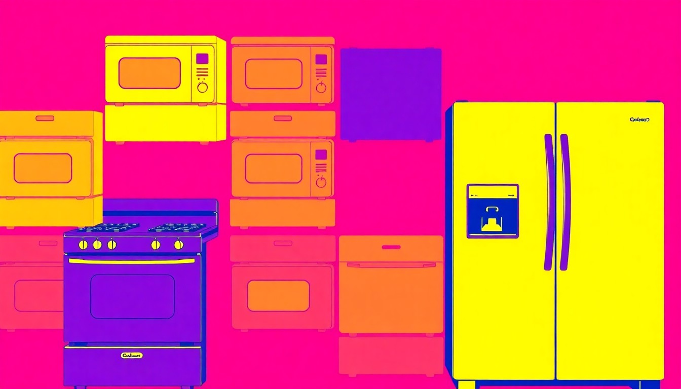 A high-contrast silkscreen print in neon colors, depicting a repeated pattern of a kitchen stove or refrigerator, conceptually representing the updated appliances and finishes found in the luxury condo.